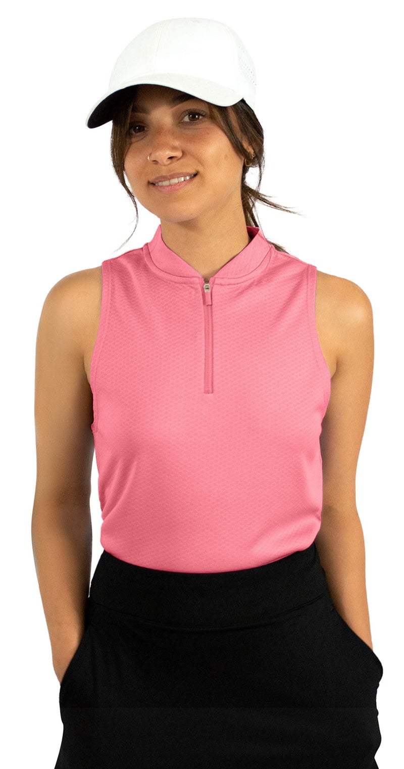 Three Sixty Six Womens Sleeveless Collarless Golf Polo Shirt with Zipper - Quick Dry Tank Tops for Women Coral - Image 1